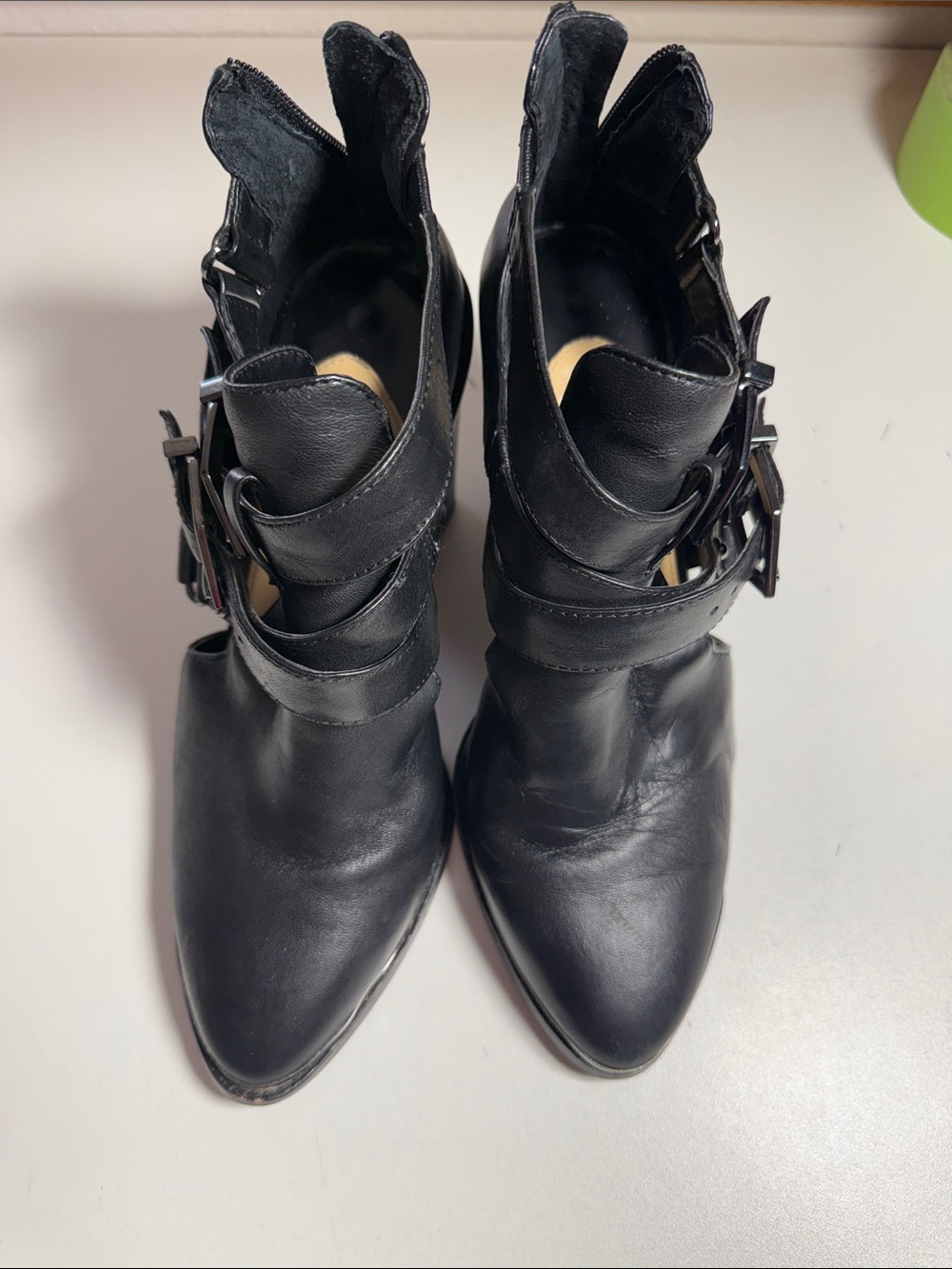 Gianni Bini Black Leather Pointed Ankle Boots with Buckle Straps